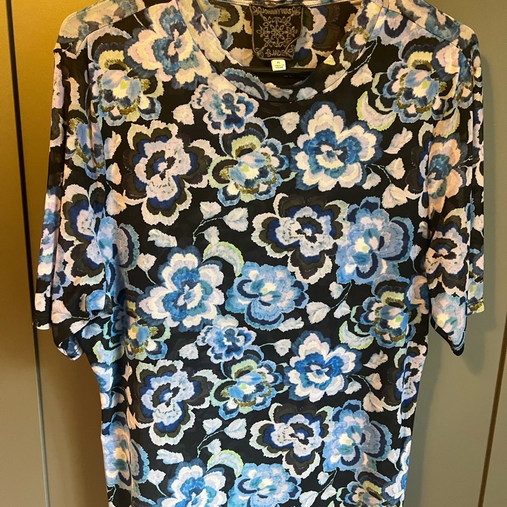 Johnny Was Black Short-Sleeve Tee with Blue Floral Print